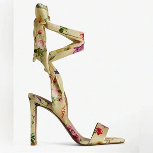 Express Yellow Floral Printed Lace Up Heeled Sandals Size 10